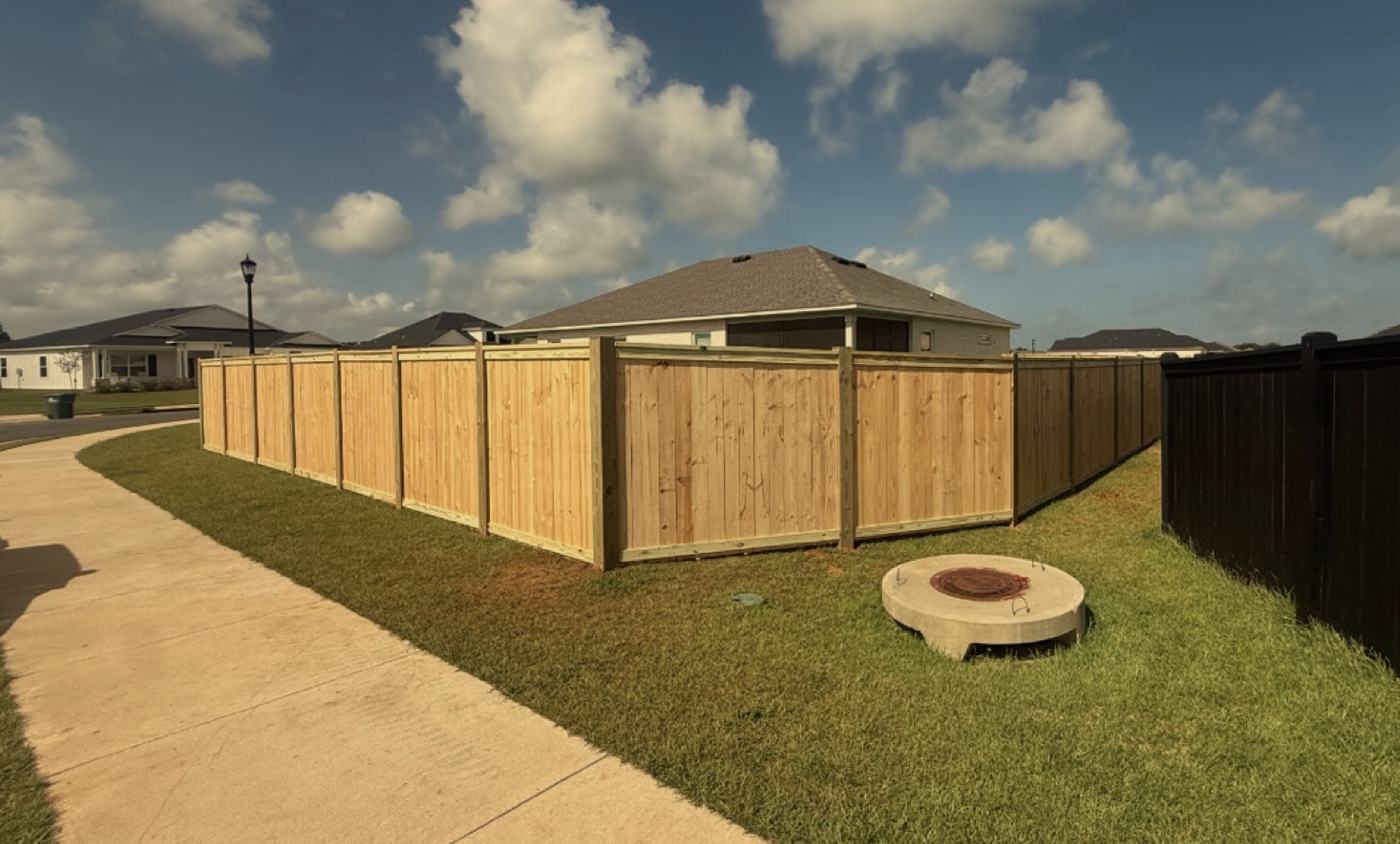 Framed wood privacy fence wrapping a corner lot along a neighborhood sidewalk